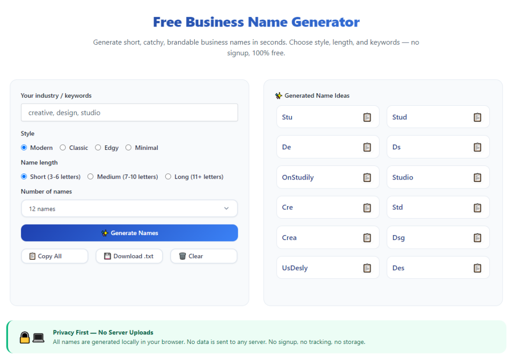 Free Business Name Generator No Sign Up